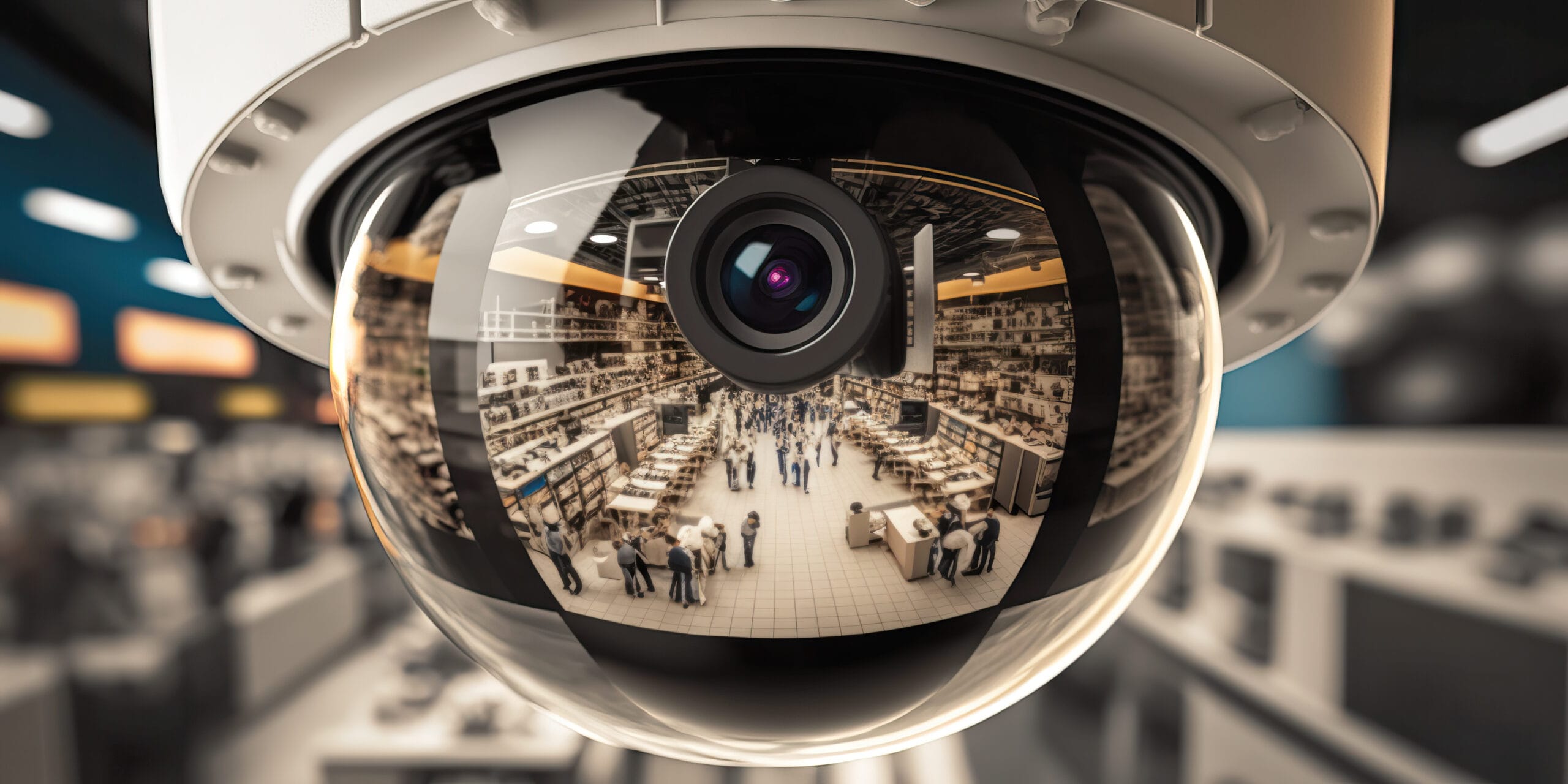 Close-up of a dome camera lens reflecting a wide view of a retail aisle