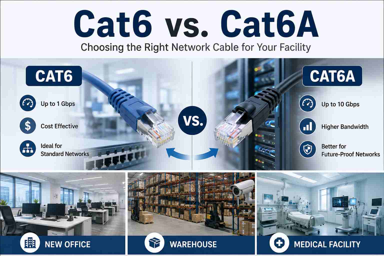 Cat6 vs. Cat6A for a New Office, Warehouse or Medical Facility